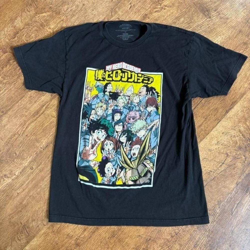 faded black My Hero Academia cracked graphic t-shirt, flaws shown in photos